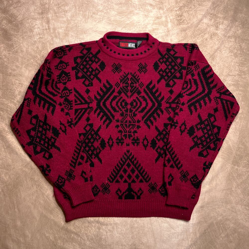 Vintage 90s Todays News Southwestern Geometric Print Sweater Knit Grunge Indie